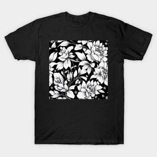 Vintage Floral Cottagecore  Romantic Flower Peony Rose Design Black and White T-Shirt